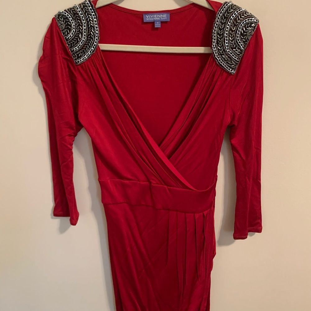 Vivienne Tam Red Cocktail Dress w/ Beaded Detail